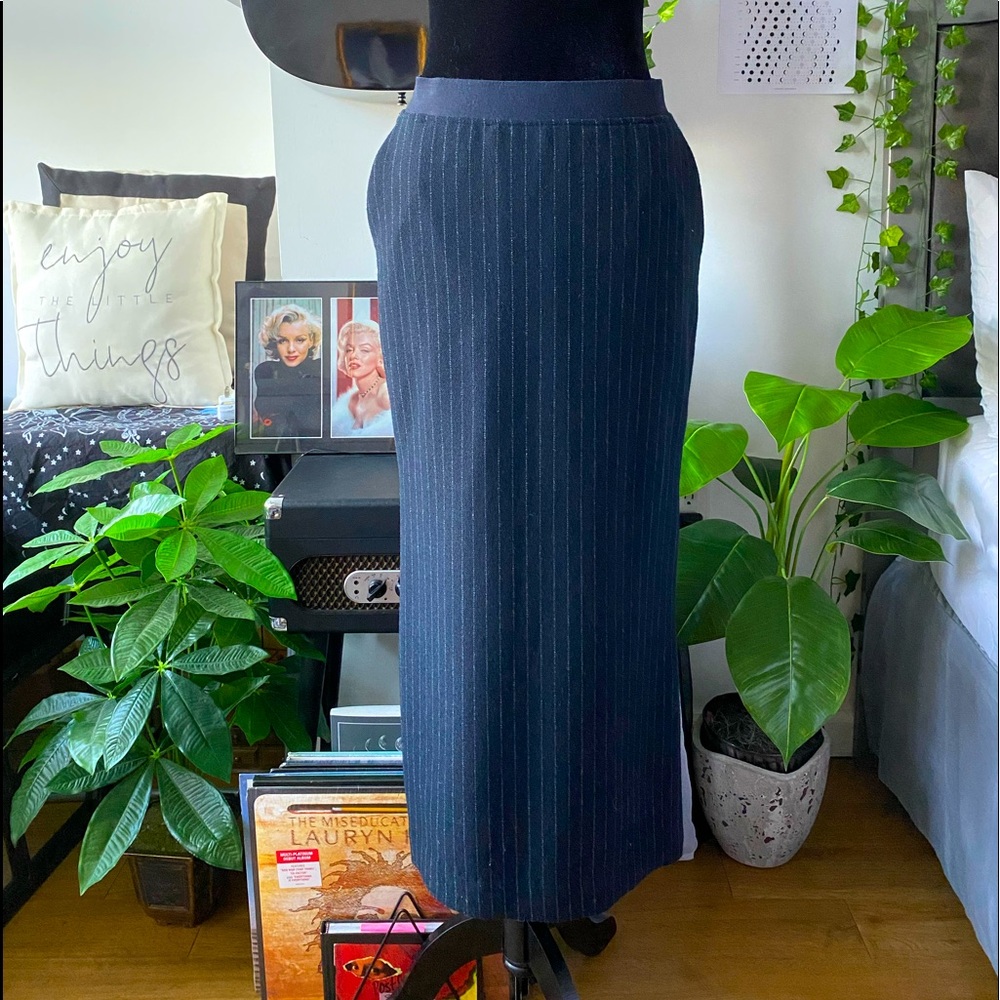 Long Pin Stripe Pencil Skirt Elastic Waist - Navy